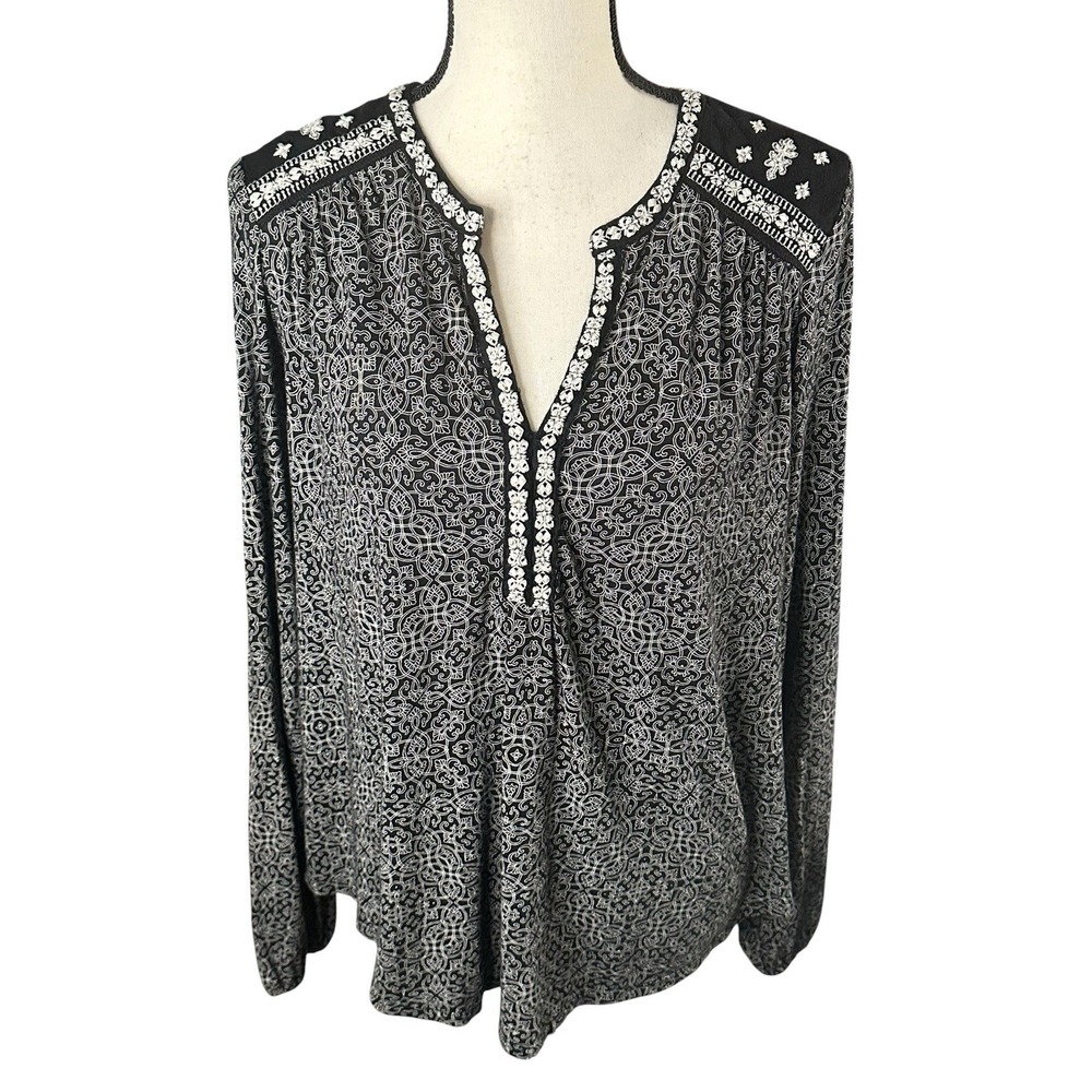 Lucky Brand Woman Black White Hobo Printed Cotton Blend Blouse Top Sz M